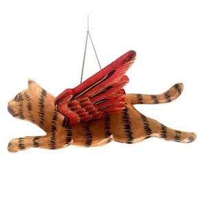 Handcrafted Flying Cat Wood Mobile Spirit Guardian Orange Tabby Striped Gift